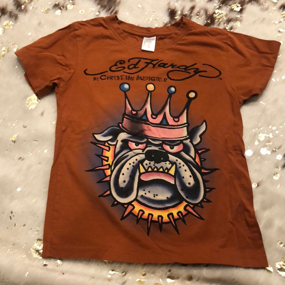 Ed Hardy Orange Bulldog Graphic Tee